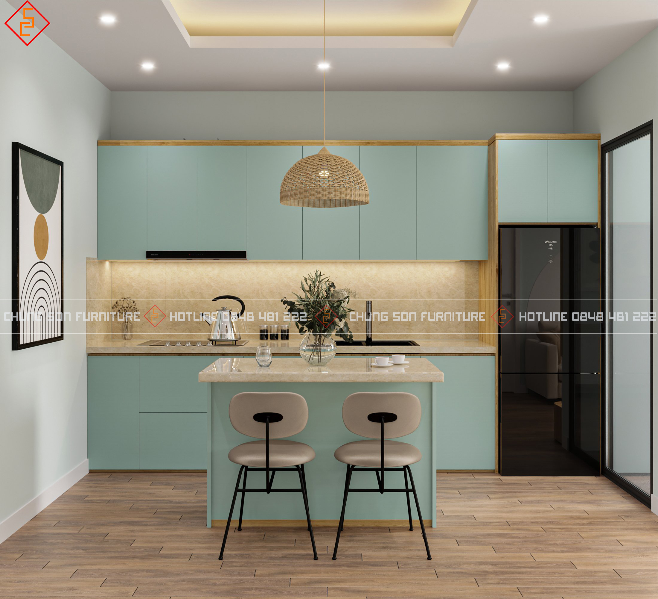 Tủ bếp màu xanh ngọc 