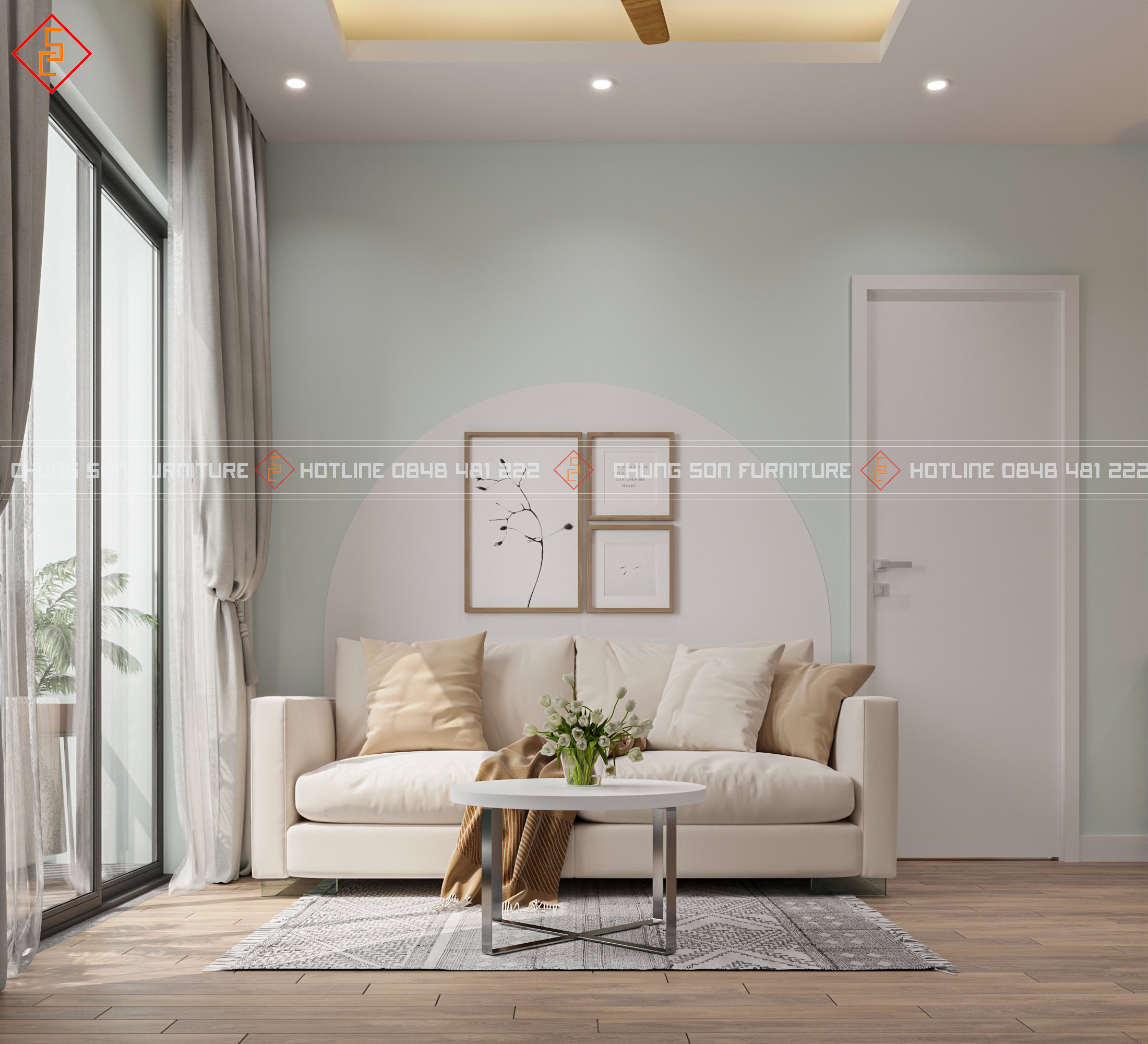 Nội thất phòng khách màu xanh ngọc